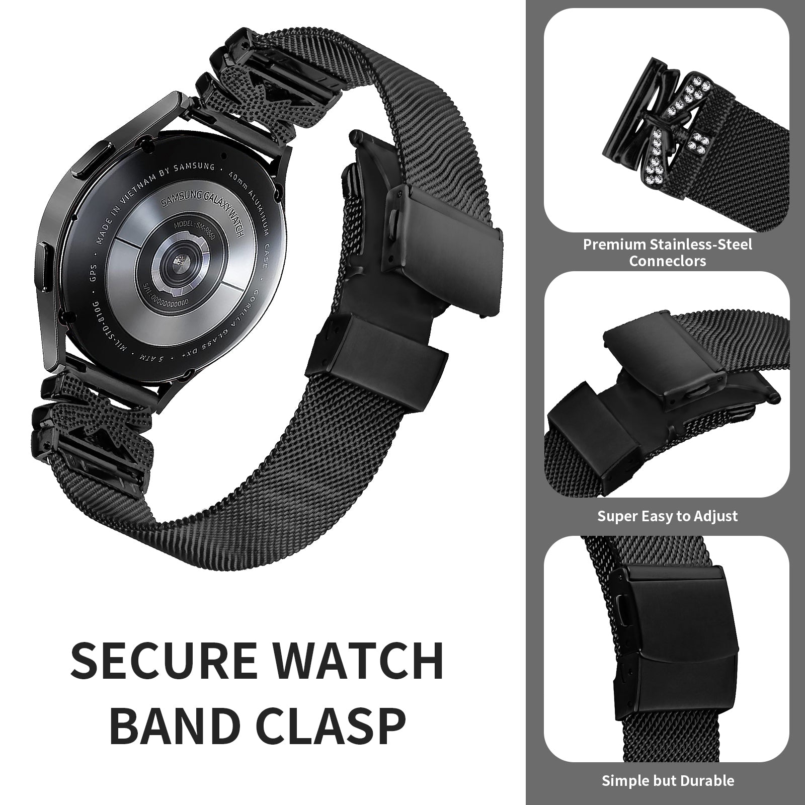 For Samsung Galaxy Watch Active / Active2 44mm / 40mm Milanese Band 20mm Butterfly Design Stainless Steel Strap - Black For Samsung Galaxy Watch Active / Active2 44mm / 40mm Milanese Band 20mm Butterfly Design Stainless Steel Strap - Black